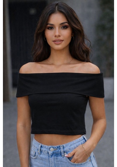 Rouge Basıc Madonna Yaka Crop Badi Siyah