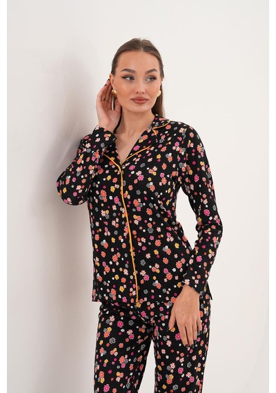 Çift Kaplan Kadın Pamuk Modal Gömlek Yaka Önden Düğmeli Siyah Pijama Takımı 7010 Siyah