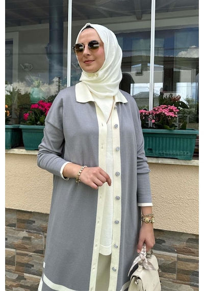 Rabia Şamlı İmge Çizgili Triko Hırka Gri Çok Renkli