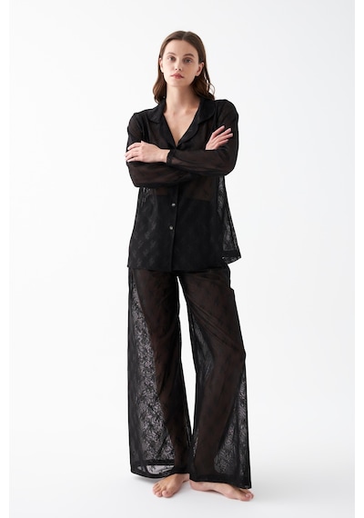 Akbeniz Kadın Siyah Şeffaf Jakar Düğmeli Pijama Takımı