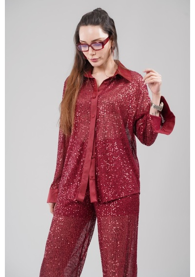Mayrem Oversize Kesim Pul Payet Gömlek bordo