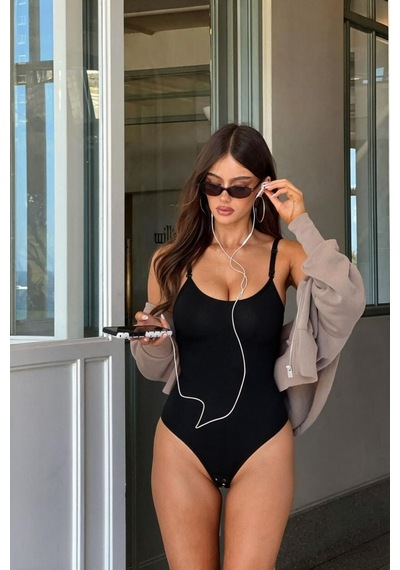 Kadın Slip Kalıp Siyah Body Örme Orta Destek