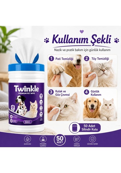 Twinkle Kedi Köpek Islak Mendil 50 Adet - Pati Tüy Kulak Ve Göz Çevresi Temizliği - Alkolsüz Parabensiz Hijyenik Mendil