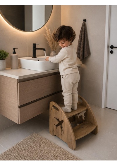Pema Home % 100 Mdf Montessori Çocuk Banyo Mutfak Lavabo Merdiven Çok Amaçlı Tabure Kahverengi