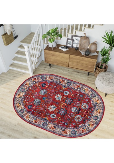 Rovigo Home Dijital Baskı Yıkanabilir Kaymaz Taban Oval Salon Halısı RVG7225-HT994 Çok Renkli