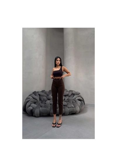 Kene Jeans Kadın Kahverengi Yüksek Bel Keten Paça Kesik Dar Paça Pantolon Kahverengi