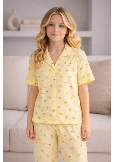 Beka Kids Kız Çocuk Önden Düğmeli Devrik Yaka Kısa Kol Uzun Pantolon Desenli Pijama Takımı Sarı