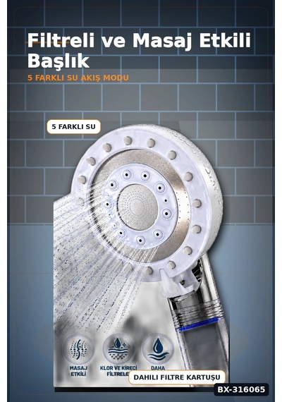 5 Fonksiyonlu Filtreli Duş Başlığı, Kireç Ve Klor Arıtmalı El Duşu Beyaz Bx-316065 Diğer