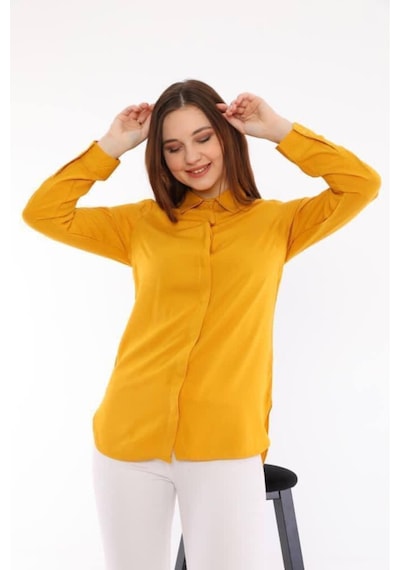 Polologin Butik Hardal Sarısı Viskon Pamuk Karışımlı Gömlek Sarı