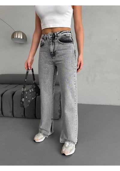 Yırtmaç Detaylı Boru Paça Grey Snow Wash Jean Gri