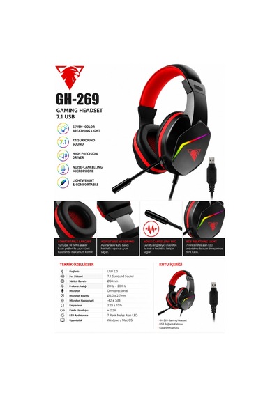Jedel Gaming Gh-269 7.1 Usb Mikrofonlu Rgb Oyuncu Kulaklığı - Siyah/kırmızı
