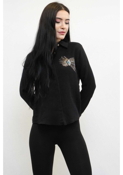 Sevgi Butik Moda Çizgi Taşlı Keten Gömlek Mc2301 Siyah 001