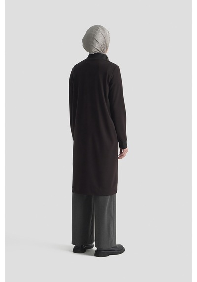 Armine Trend Yarım Fermuarlı Dik Yaka Uzun Kollu Rahat Kesim Basic Uzun Tunik 107 Cm Boy Siyah 26kt456