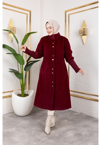 Hb Harma Time Butik Kadın Astarlı Angora Düğmeli Bordo Kaban