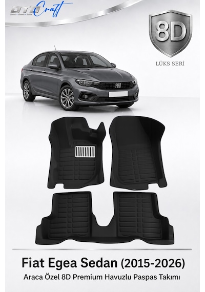 Otocraft Fiat Egea Sedan 2015-2026 Araca Özel 8d Havuzlu Oto Paspas Takımı Siyah Tam Set 3 Parça