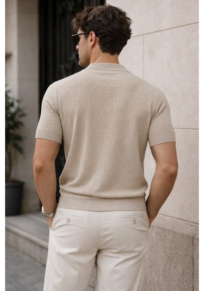 Erkek Fermuarlı Polo Yaka Triko Tişört Slim Fit Dokulu Yazlık Şık Casual Bej