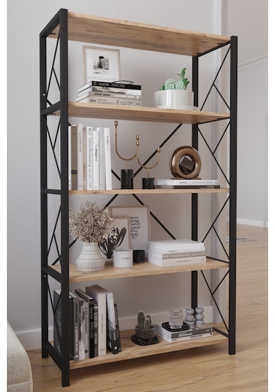 5 Raflı Geniş Kitaplık Dekoratif Metal Ayaklı Ofis Rafı 160x90
