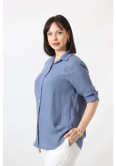 Moda Berray İb-077 İndigo Pamuk Keten Kolu Apoletli İki Cepli Kadın Büyük Beden Gömlek İndigo Moda Berray İb-077 İndigo Pamuk Keten Kolu Apoletli İki Cepli Kadın Büyük Beden Gömlek İndigo
