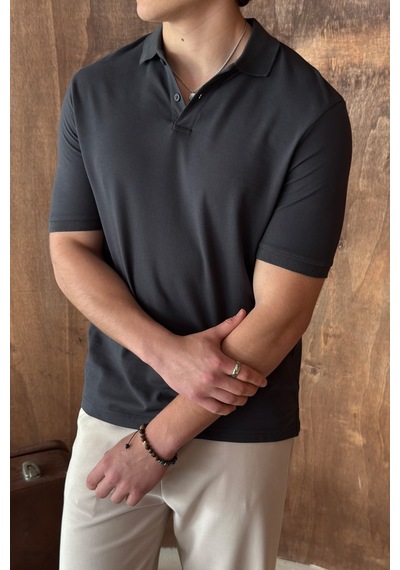 Erkek %100 Pamuk Düğmeli Polo Yaka T-shirt Antrasit