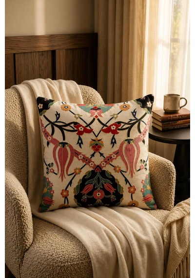 Premium Goblen Nakış Kırlent Kılıf 40 Cm X 40 Cm - 1 Adet Acı Kahve - Pembe