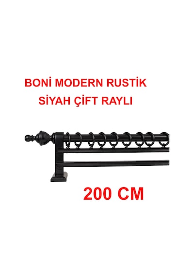 Boni Modern Rustik Ahşap Rustik Perde Askısı Çift Raylı-siyah 200 Cm Siyah