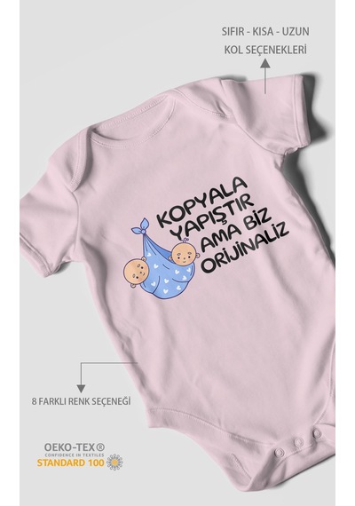 Morivokids Kopyala Yapıştır, Ama Yazılı Kısa Kollu Bebek Body %100 Pamuk Bebe Pembe
