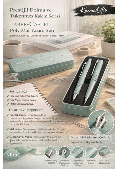 Faber-castell Poly Mat Yazım Seti Mint Dolma Kalem & Xb Tükenmez Kalem + Metal Kutu Diğer