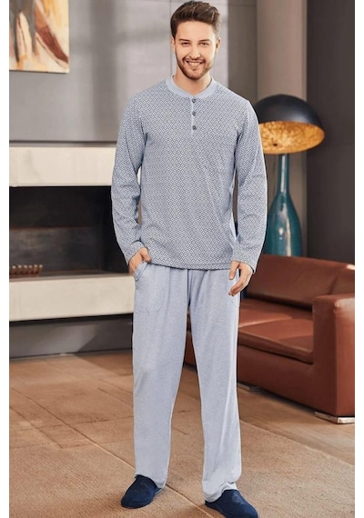 Mecit Pijama Mecit 22759 Erkek Mavi Şardonlu Kışlık Büyük Beden Pijama Takımı Mavi