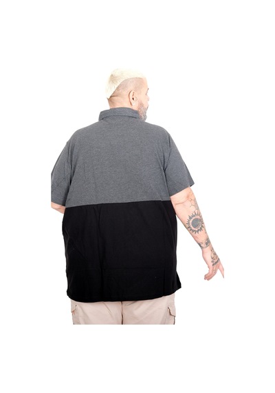 Mode Xl Büyük Beden Erkek Parçalı Polo Yaka T-shirt 25318 Antra Melanj Antrasit Melanj