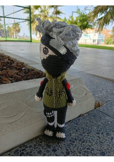 Kakashi Hatake Amigurumi Örgü Oyuncak - Anime Hediyelik Figür 21 Cm Yeşil