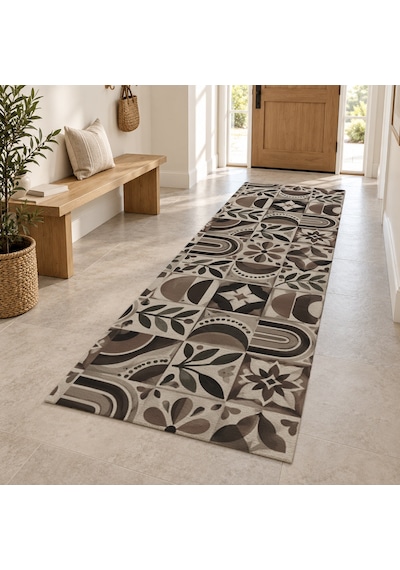 Kartela Halı Kahve Terakota Siyah Krem Koridor Mutfak Yolluk Halısı Kaymaz Taban 60x180 Cm
