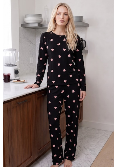 Siyah İnci Desenli Termal Kumaşlı Ultra Soft Yumuşak Örme Pijama Takımı 26226323 Siyah