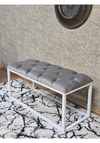 Zafir Beyaz Boyalı Diktörtgen 100 Cm X 40 Cm Oturak Puf - Bench - Makyaj Oturağı - Oturak Gri