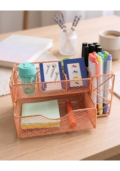 Rose Gold Metal Mesh Masaüstü Organizer Çekmeceli Çok Bölmeli 21.8x11.5x11 Cm 9510 Genel