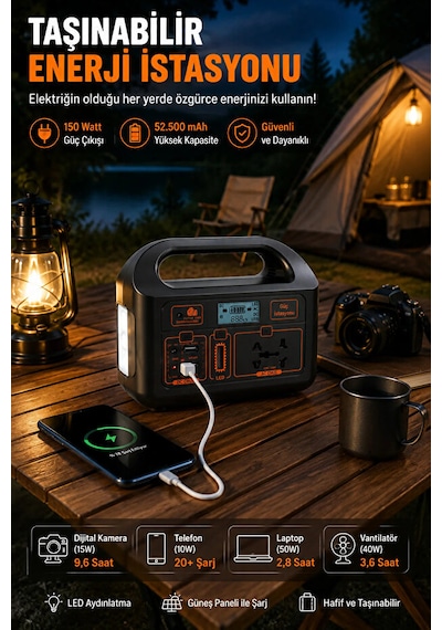 Taşınabilir Güç İstasyonu 150w 52.500 Mah Power Station Ac Priz, Usb Ve Dc Çıkışlı, Güneş Panelli Uyumlu