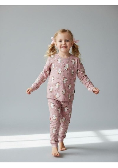 Kız Çocuk Pamuklu Baskılı Pijama Takımı-16834 Mor