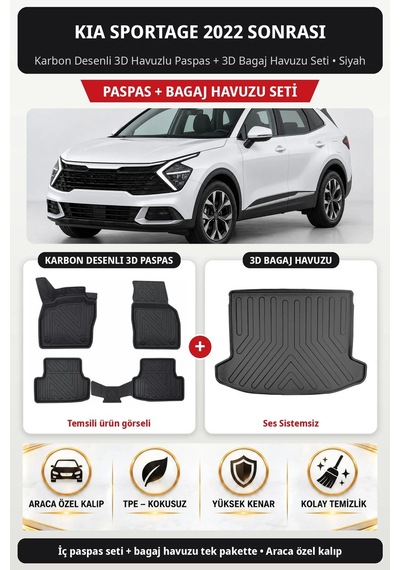 Kia Sportage 2022+ Araca Özel Karbon Desenli 3d Paspas Bagaj Havuzu Set Ses Sistemsiz Siyah