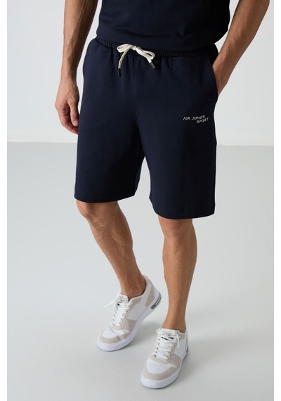 Lacivert Pamuklu Kalın Yumuşak Dokulu Oversize Fit Nakışlı Erkek Şort Takım - 85250