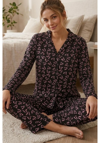 Pembe Kalp Desenli Uzun Kollu Pijama Takımı 4602 -siyah