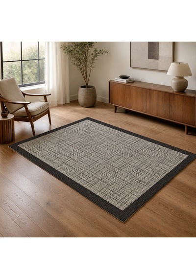 Kartela Halı Jüt Görünümlü Kalın Çerçeveli Halı Antrasit Kaymaz Taban 120x180 Cm
