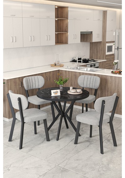 Gnr 90cm Sabit Siyah Mutfak Masası Takımı, Yemek Masası, 4 Modern Gri Sandalye Gri