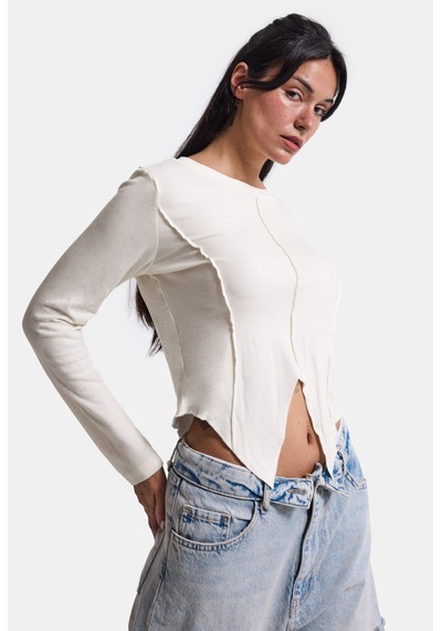 Kadın Ekru Renk W5 Asimetrik Kesim Crop Fit Tasarım Body Beyaz