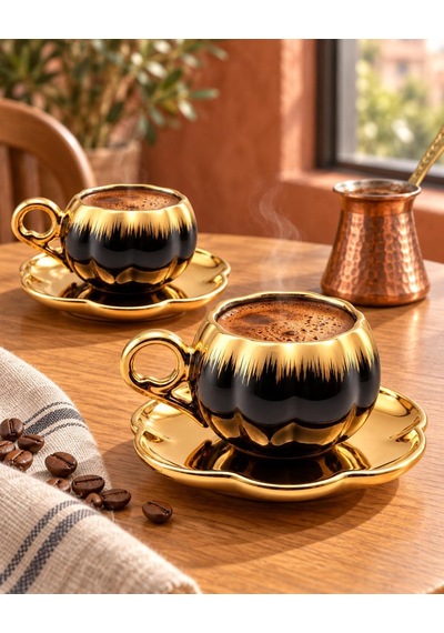 Valkyrie 6 Kişilik Siyah Gold Balkabağı Model Türk Kahvesi Fincan Takımı 12 Parça 80 Ml Çeyizlik Siyah
