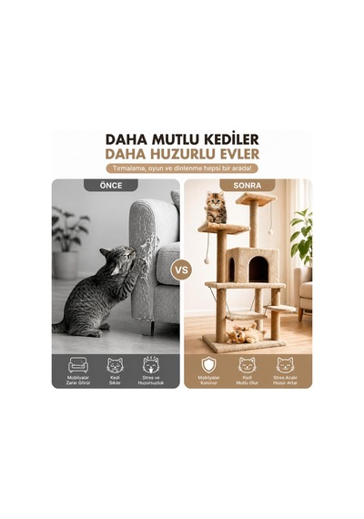 Çok Katlı Kedi Tırmalama Evi, 115 Cm Yüksek Geniş Salıncaklı Komple Kumaş Kaplı 1 Büyük Yuvalı 2 Oturaklı K