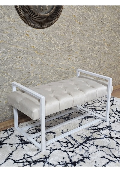 Zafir Beyaz Boyalı Metal 80 Cm Puf Bench - Antre Puf - Hol Bench - Puf - Oturak - Bench Bej