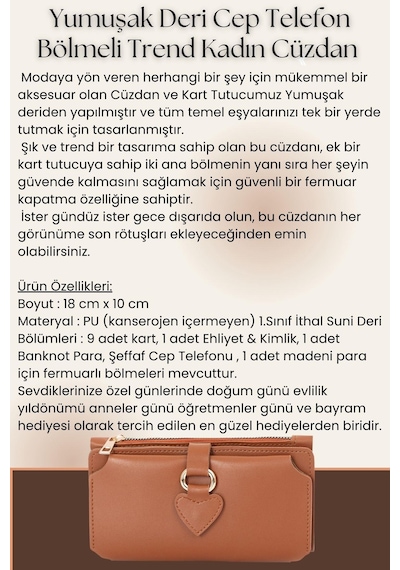 Süzer Deri Soft Suni Deri Cep Telefon Bölmeli Trend Kadın Cüzdan Kalp Detaylı - Prs-nisa-turuncu Turuncu