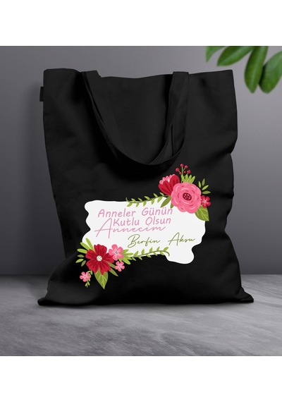Bk Gift Kişiye Özel İsimli Anneler Günü Tasarımlı Siyah Kumaş Bez Çanta, Baskılı Omuz Çantası, Alışveriş Çantası, Anneler Günü Hediyesi, Anneye Hediye-6
