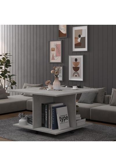Asra Trend Kare Orta Sehpa OS002 %100 MDF Tekerlekli 4 Bölmeli Raf Takımı Retro Taş
