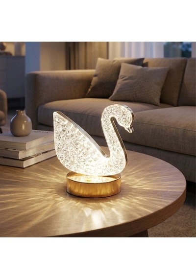 Kuğu Model Kristal Led Masa Lambası Dokunmatik, 3 Renk Işık Modlu, Şarjlı Mini Dekoratif Gece Lambası 5570 Beyaz