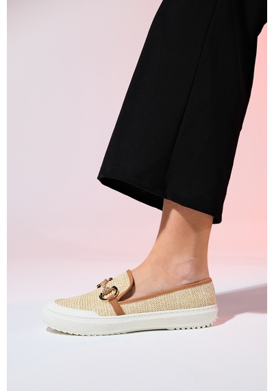 Luvishoes Barcelos Bej Hasır Tokalı Kadın Loafer Ayakkabı Bej